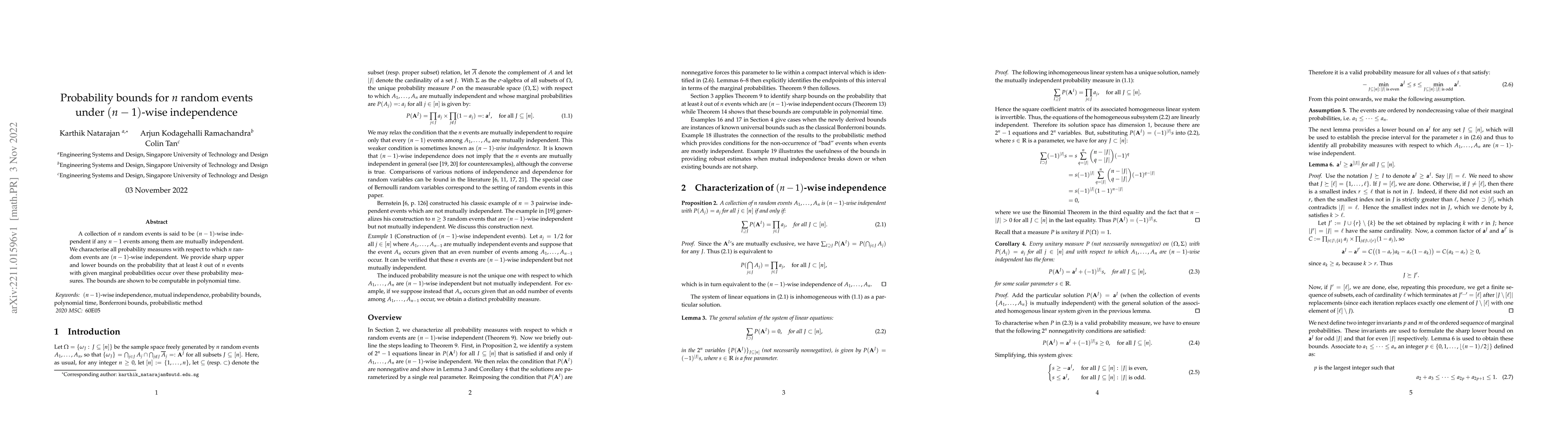 Thumbnail for Probability bounds for $n$ random events under $(n-1)$-wise independence