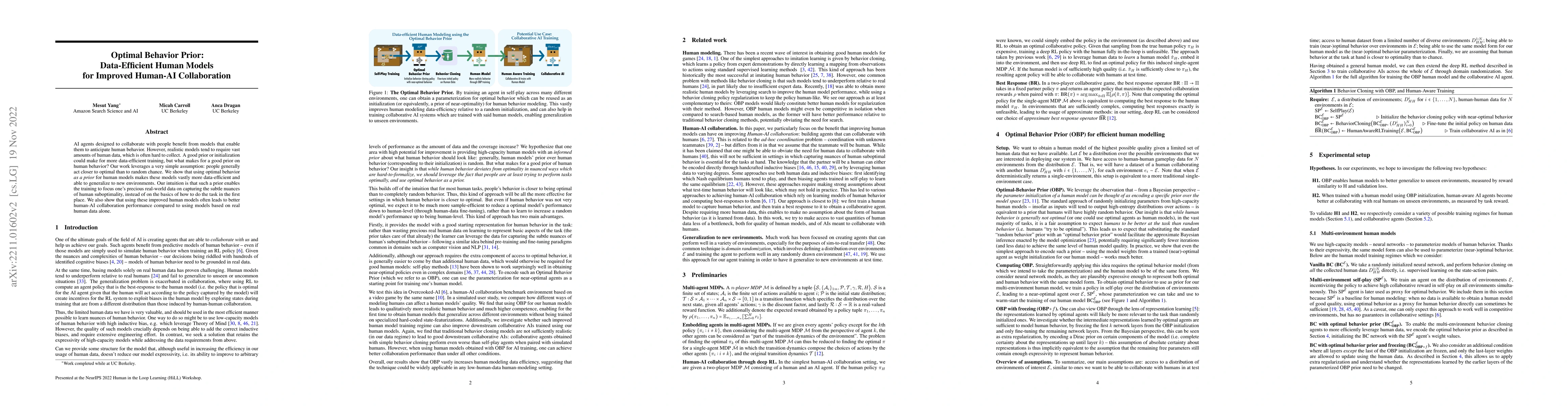Thumbnail for Optimal Behavior Prior: Data-Efficient Human Models for Improved
  Human-AI Collaboration