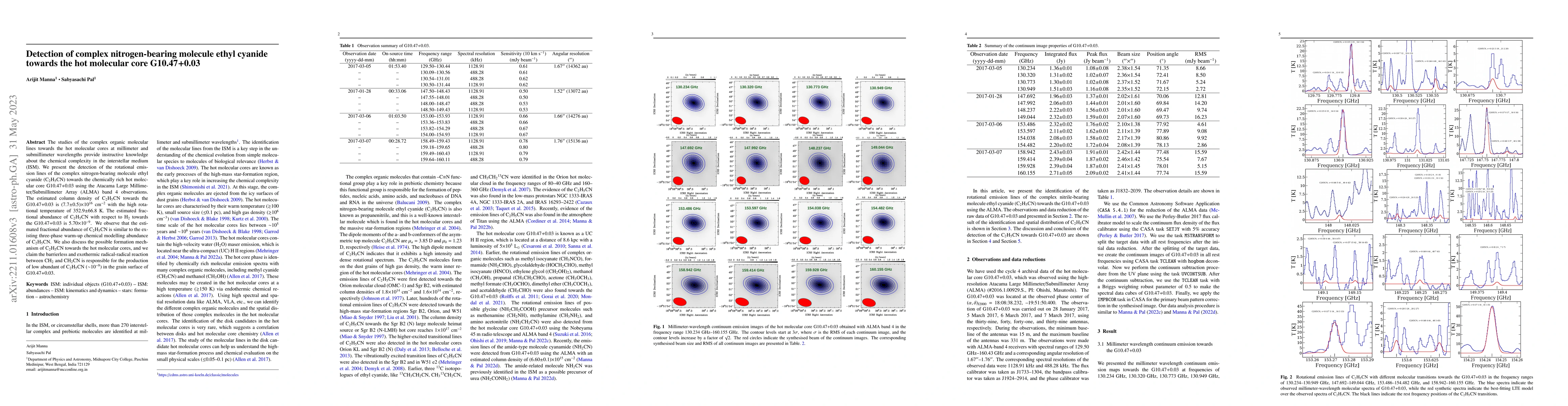 Thumbnail for Detection of complex nitrogen-bearing molecule ethyl cyanide towards the
  hot molecular core G10.47+0.03