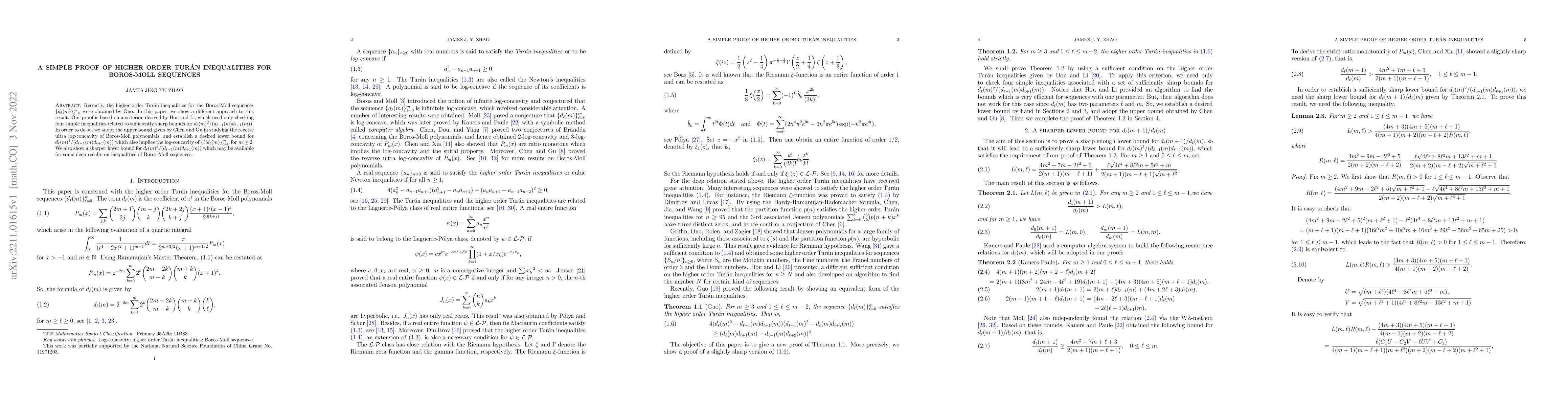 Thumbnail for A simple proof of higher order Tur\'{a}n inequalities for Boros-Moll
  sequences