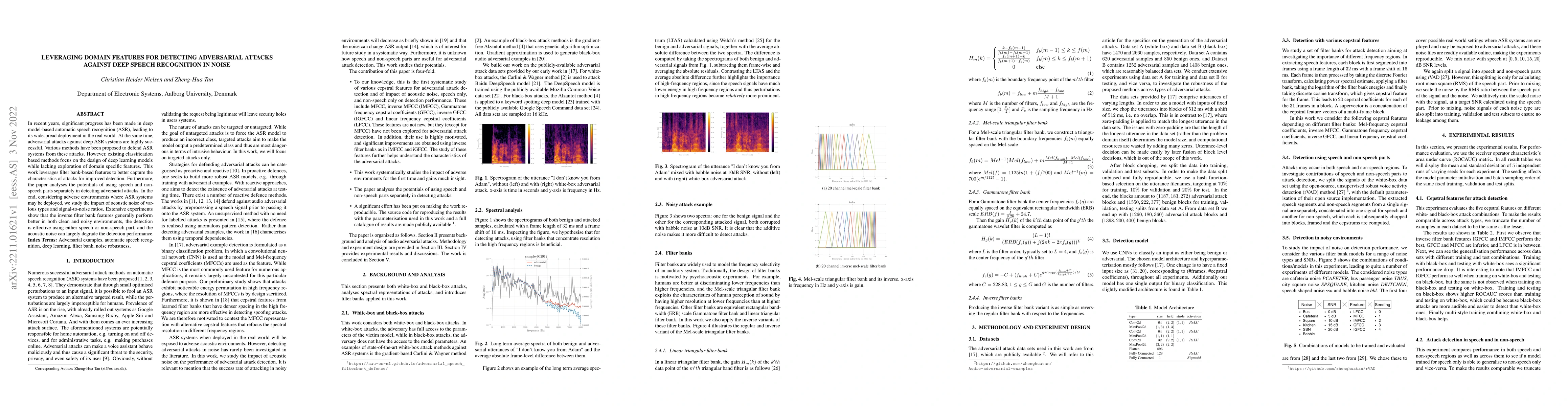 Thumbnail for Leveraging Domain Features for Detecting Adversarial Attacks Against
  Deep Speech Recognition in Noise