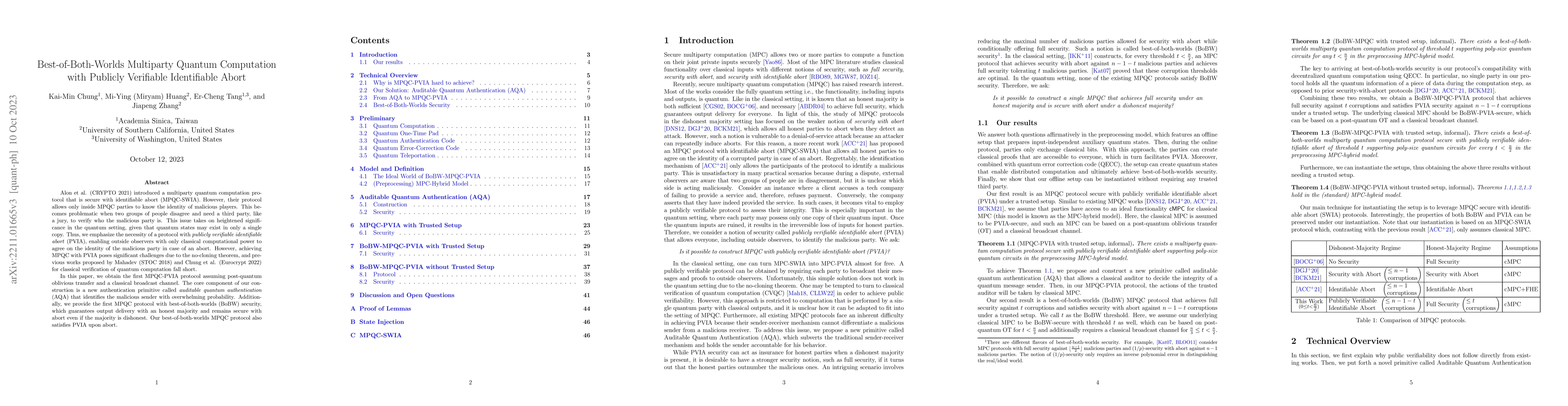 Thumbnail for Best-of-Both-Worlds Multiparty Quantum Computation with Publicly
  Verifiable Identifiable Abort