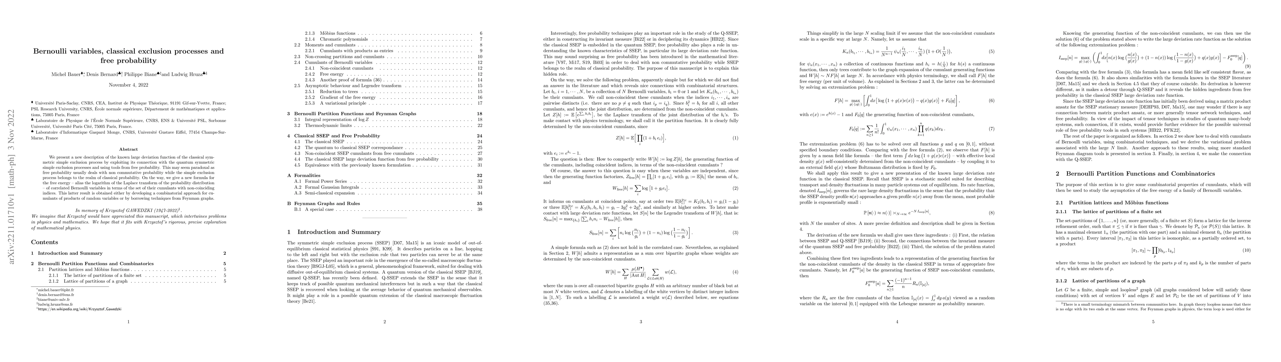 Thumbnail for Bernoulli variables, classical exclusion processes and free probability