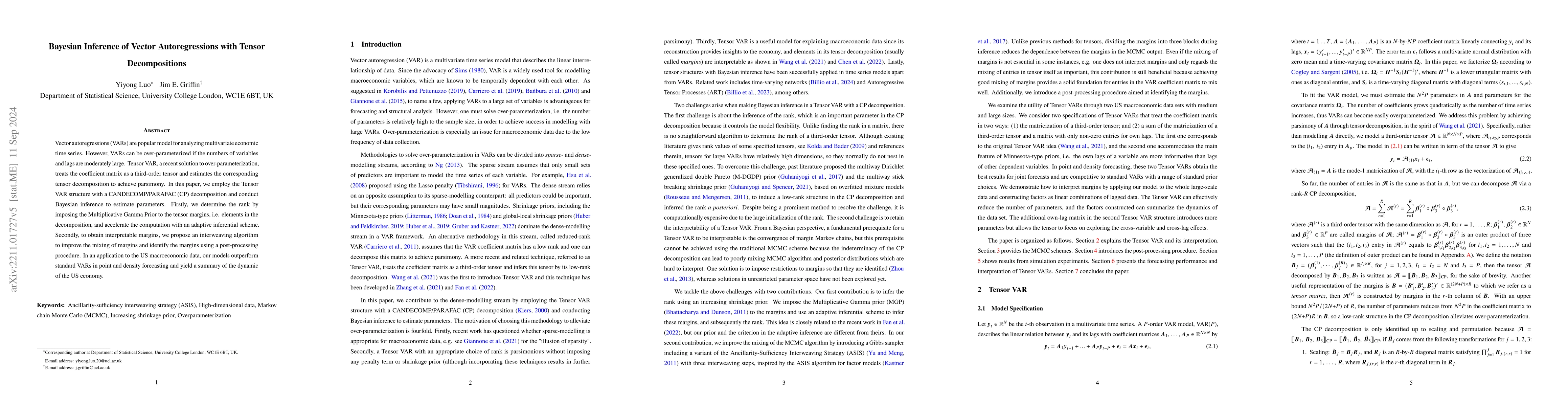 Thumbnail for Bayesian inference of vector autoregressions with tensor decompositions