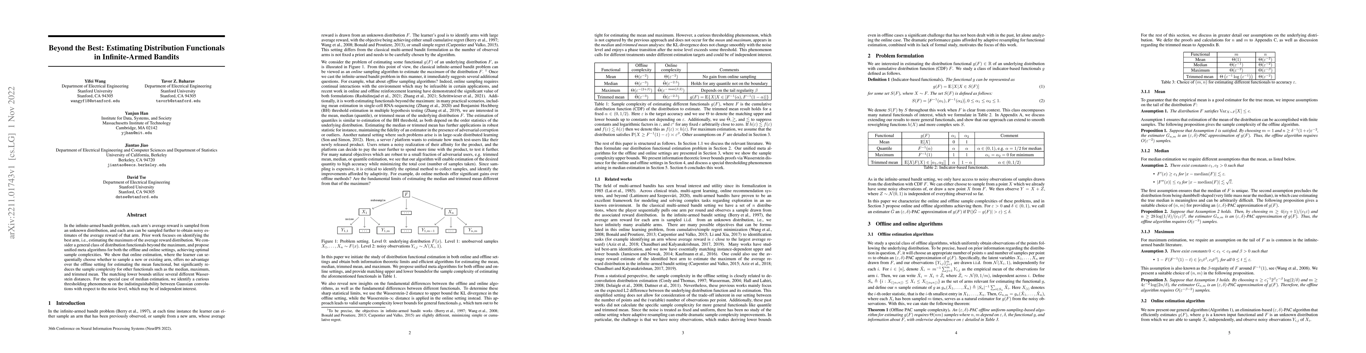 Thumbnail for Beyond the Best: Estimating Distribution Functionals in Infinite-Armed
  Bandits