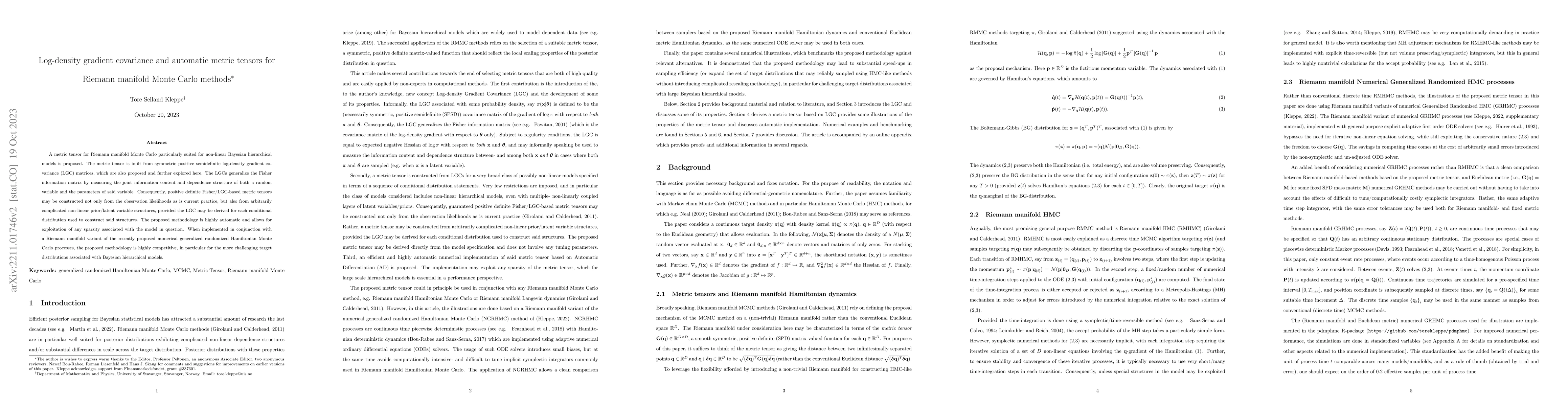 Thumbnail for Log-density gradient covariance and automatic metric tensors for Riemann
  manifold Monte Carlo methods