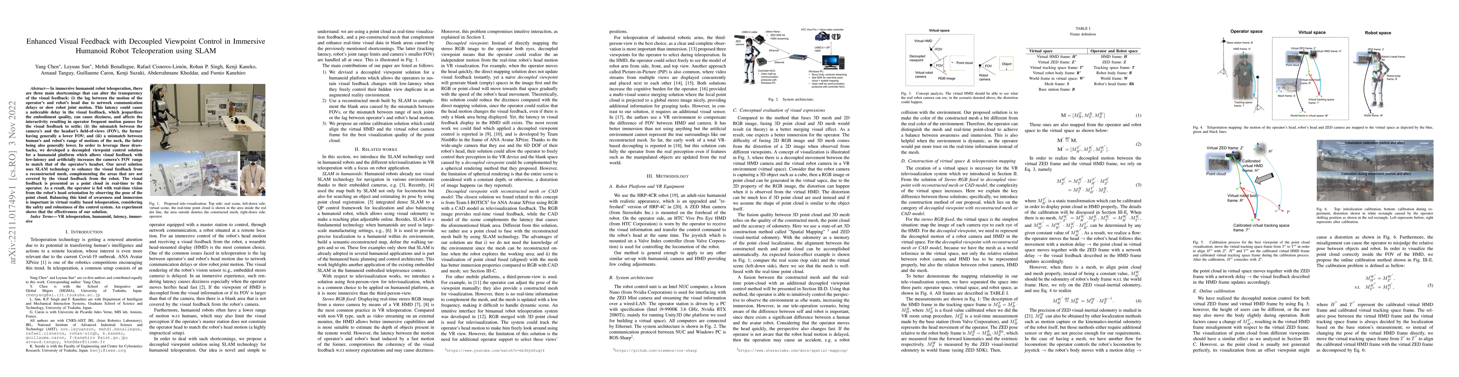 Thumbnail for Enhanced Visual Feedback with Decoupled Viewpoint Control in Immersive
  Humanoid Robot Teleoperation using SLAM