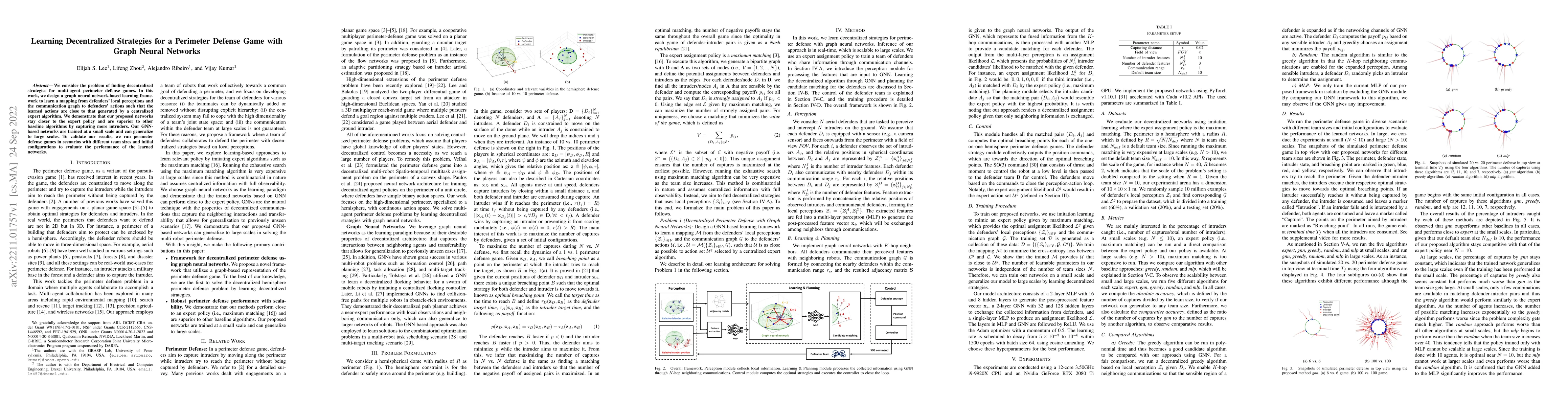 Thumbnail for Learning Decentralized Strategies for a Perimeter Defense Game with
  Graph Neural Networks