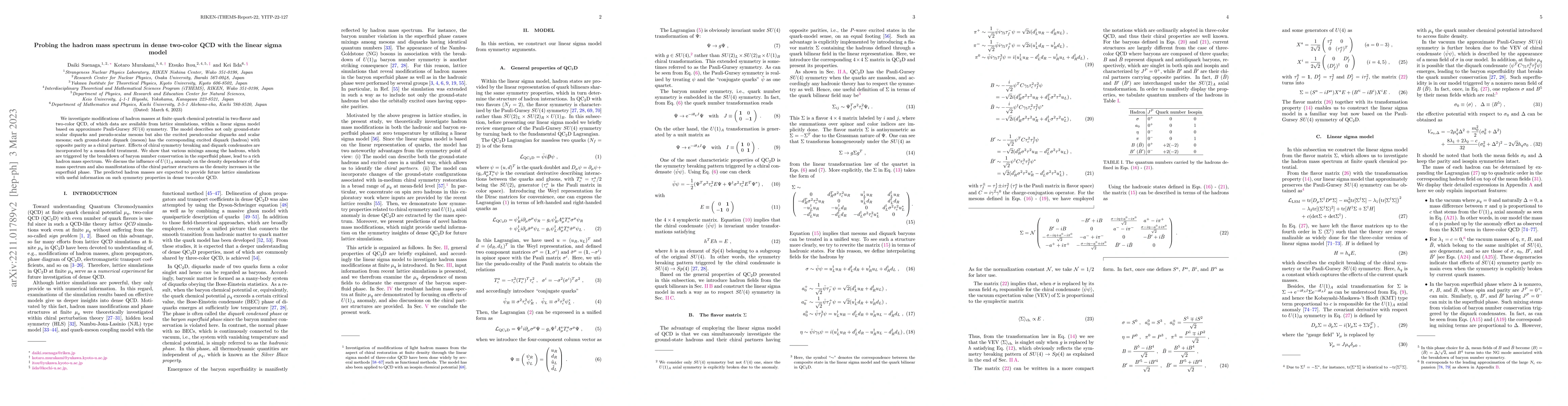 Thumbnail for Probing the hadron mass spectrum in dense two-color QCD with the linear
  sigma model