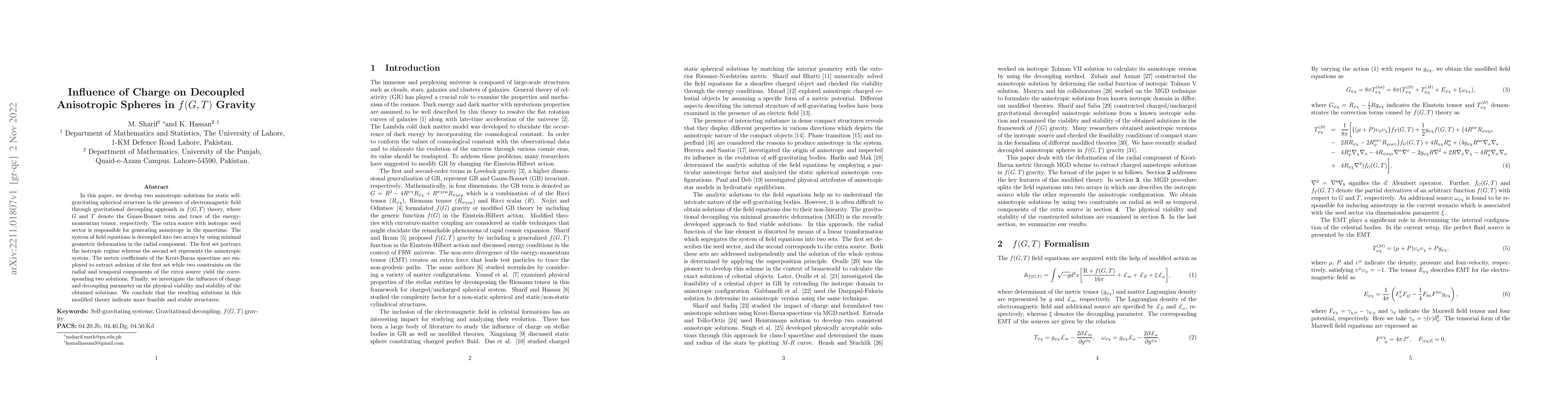 Thumbnail for Influence of Charge on Decoupled Anisotropic Spheres in $f(G,T)$ Gravity