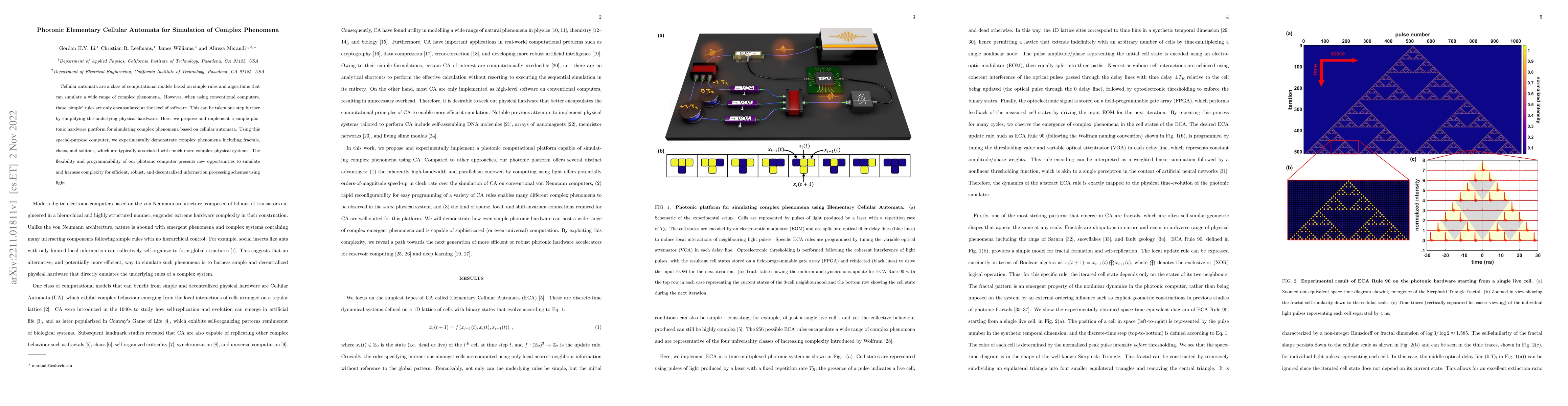 Thumbnail for Photonic Elementary Cellular Automata for Simulation of Complex
  Phenomena