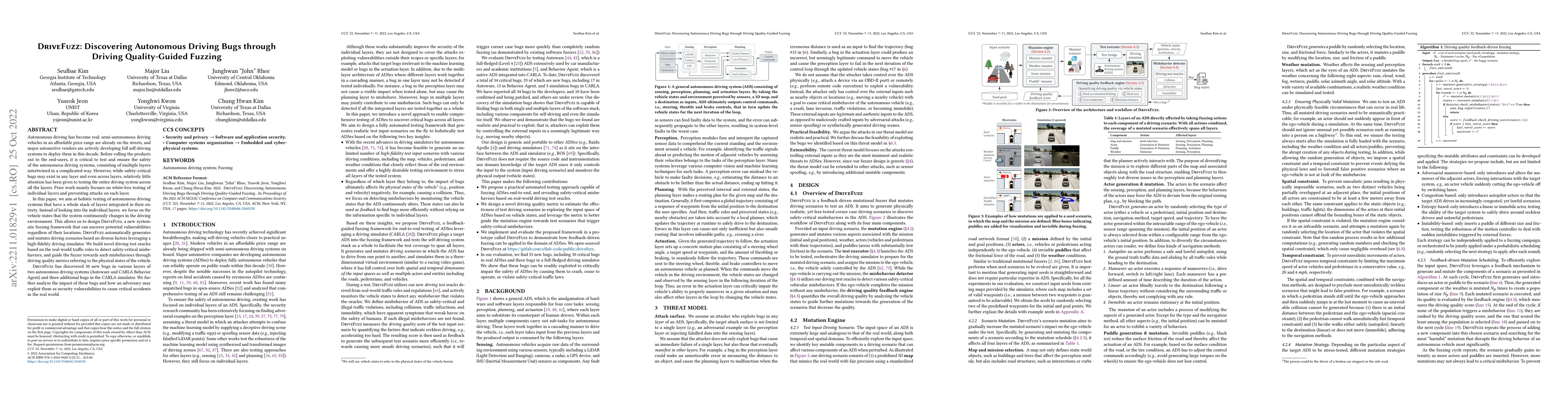 Thumbnail for DriveFuzz: Discovering Autonomous Driving Bugs through Driving
  Quality-Guided Fuzzing