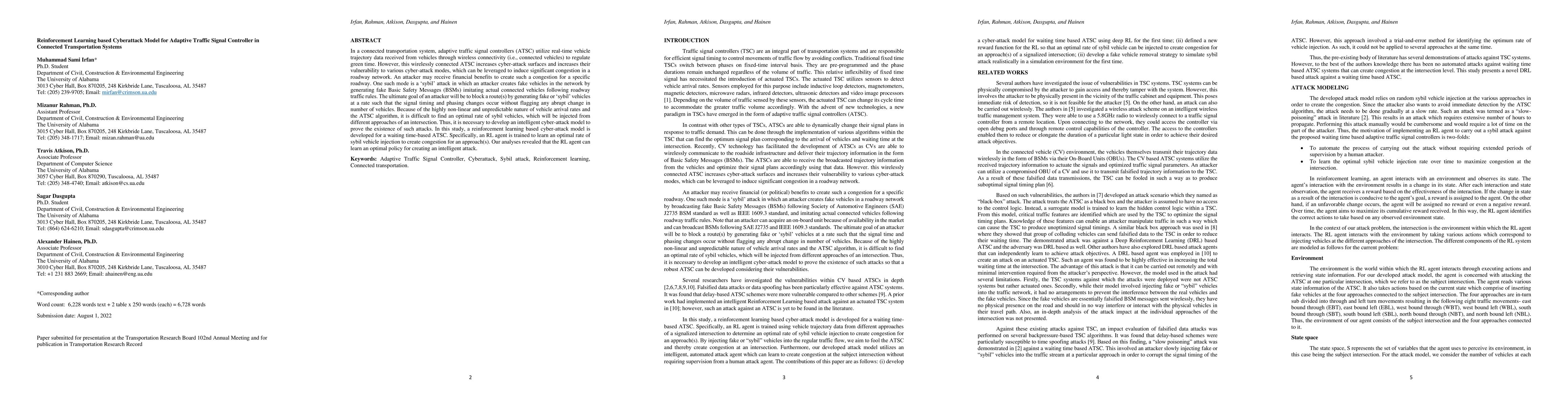Thumbnail for Reinforcement Learning based Cyberattack Model for Adaptive Traffic
  Signal Controller in Connected Transportation Systems