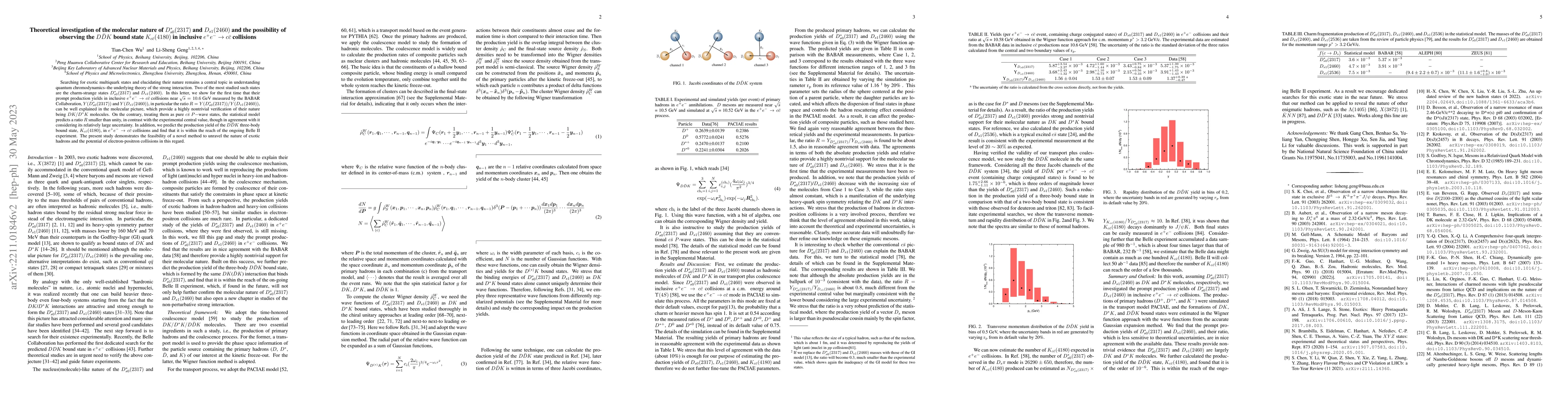 Thumbnail for Theoretical investigation of the molecular nature of $D_{s0}^*(2317)$
  and $D_{s1}(2460)$ and the possibility of observing the $D\bar{D}K$ bound
  state $K_{c\bar{c}}(4180)$ in inclusive $e^+e^-\to c\bar{c}$ collisions