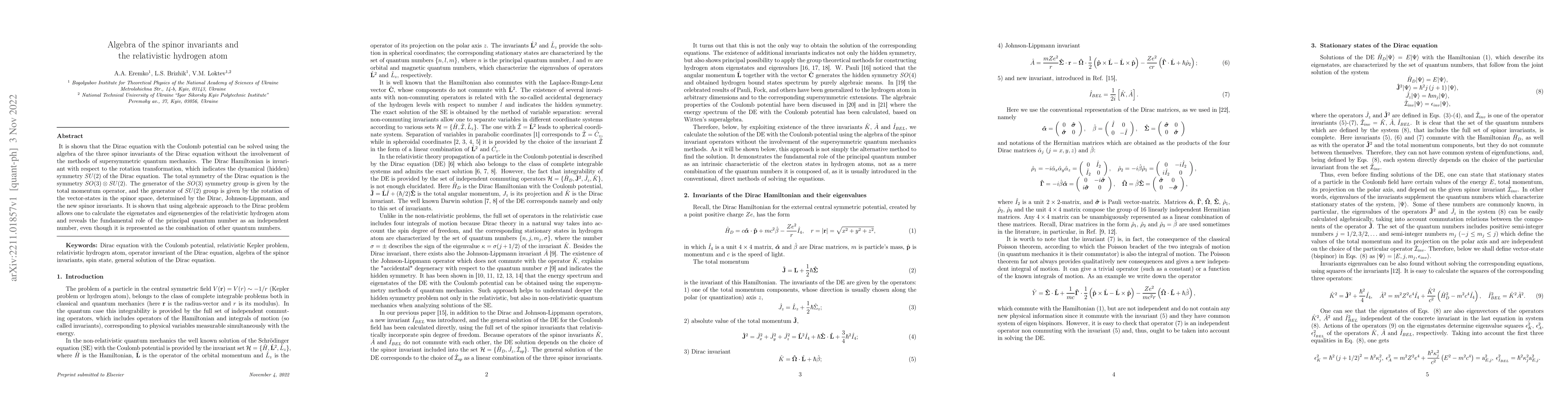 Thumbnail for Algebra of the spinor invariants and the relativistic hydrogen atom