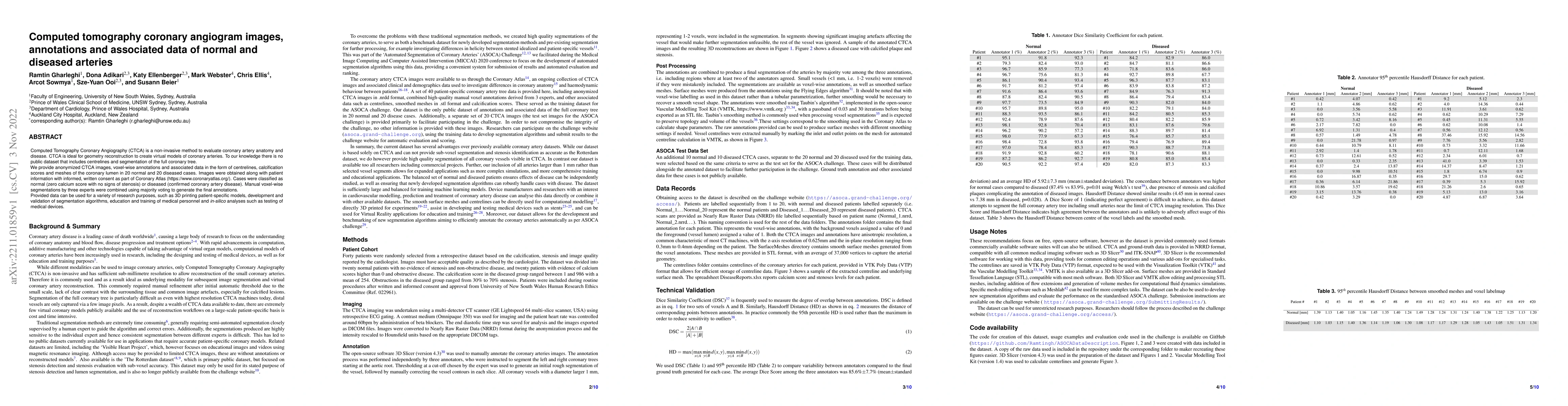 Thumbnail for Computed tomography coronary angiogram images, annotations and
  associated data of normal and diseased arteries