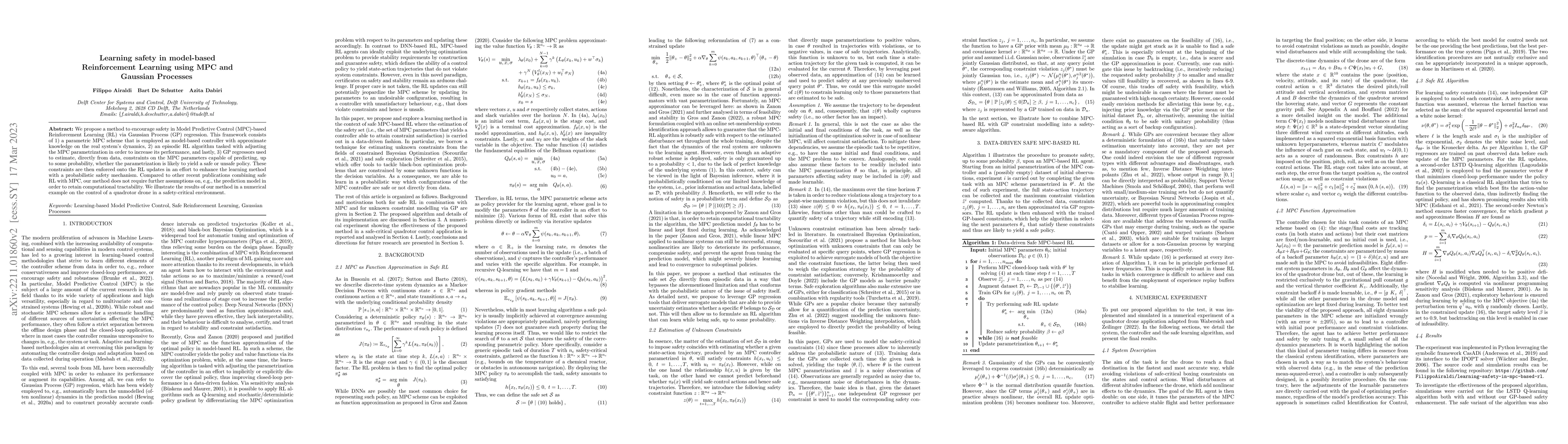 Thumbnail for Learning safety in model-based Reinforcement Learning using MPC and
  Gaussian Processes