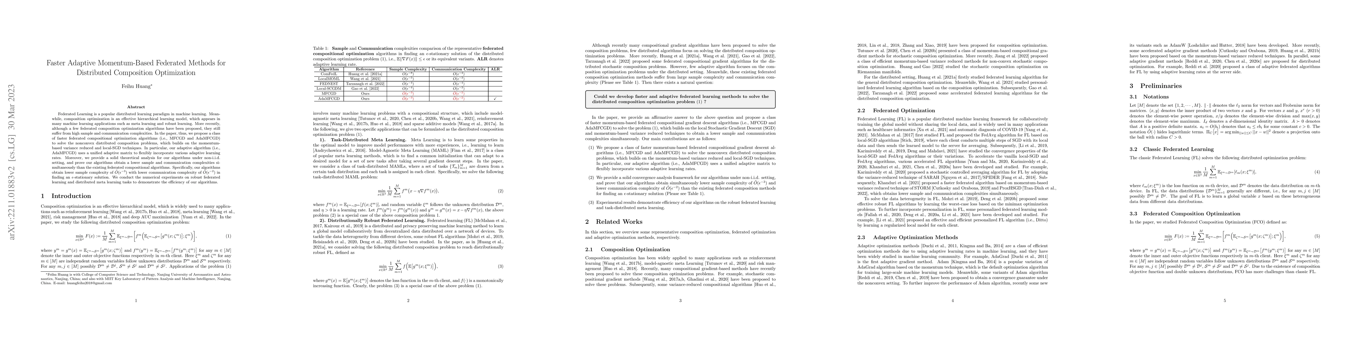 Thumbnail for Faster Adaptive Momentum-Based Federated Methods for Distributed
  Composition Optimization