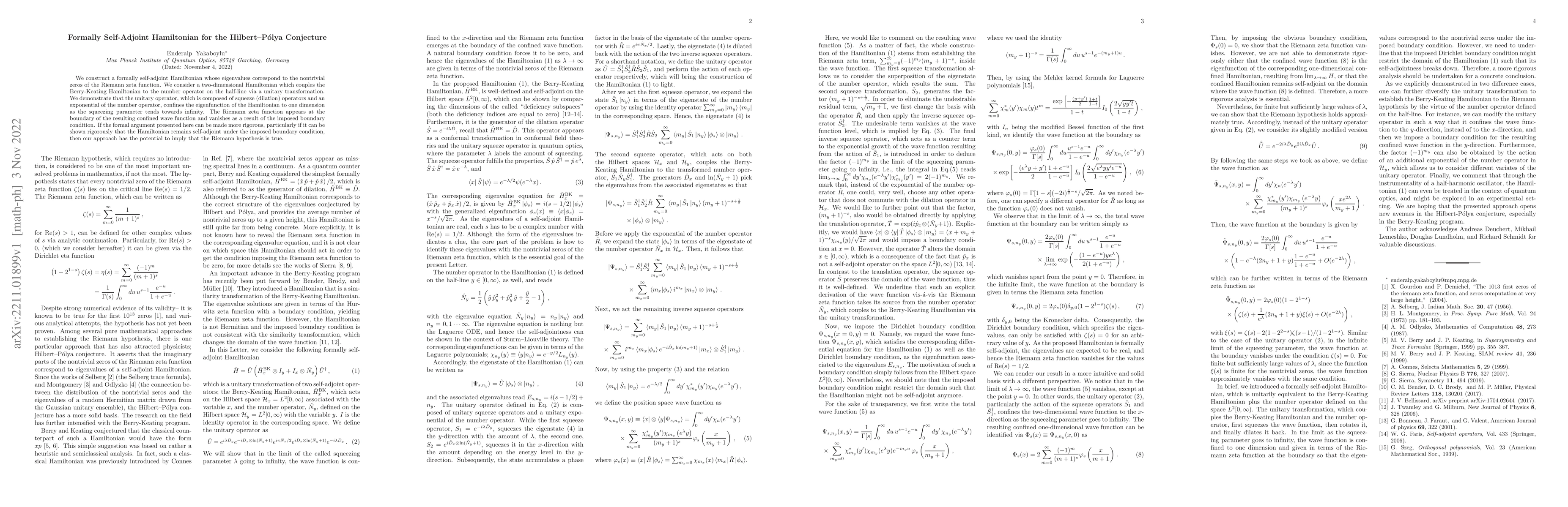 Thumbnail for Formally Self-Adjoint Hamiltonian for the Hilbert-P\'olya Conjecture