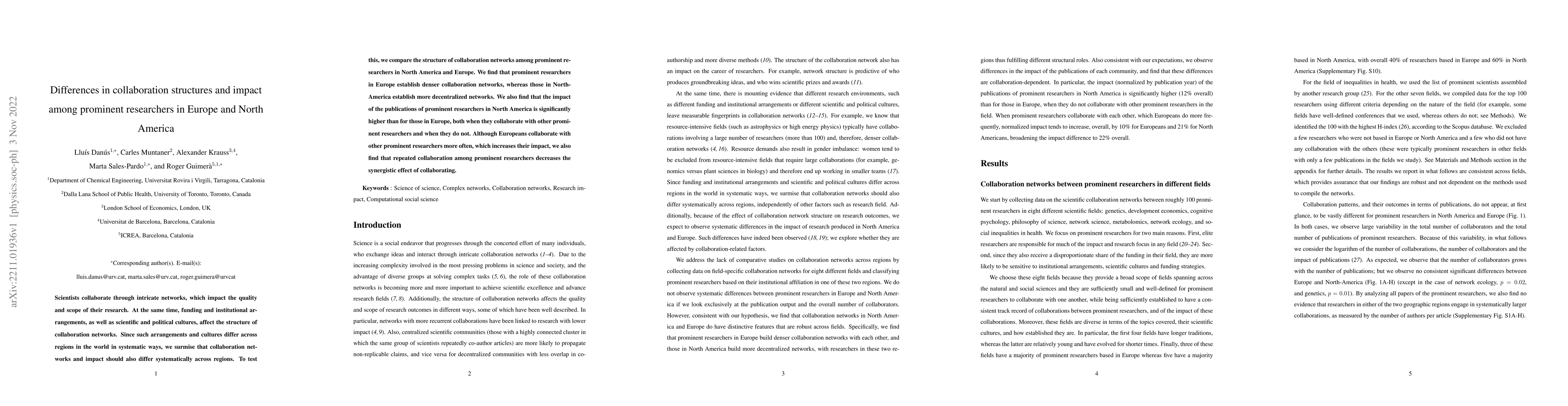 Thumbnail for Differences in collaboration structures and impact among prominent
  researchers in Europe and North America