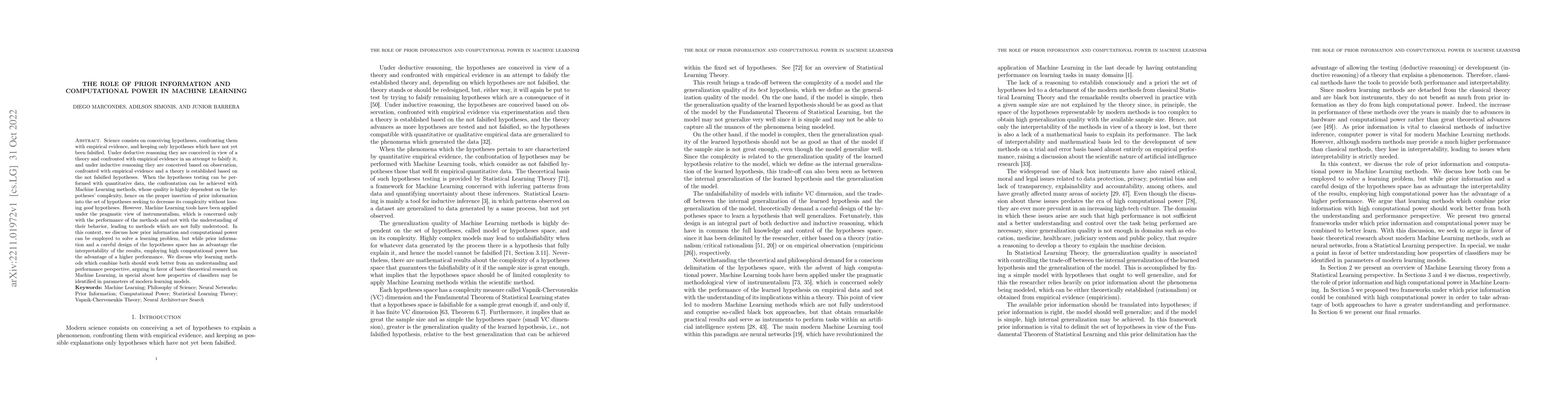 Thumbnail for The role of prior information and computational power in Machine
  Learning