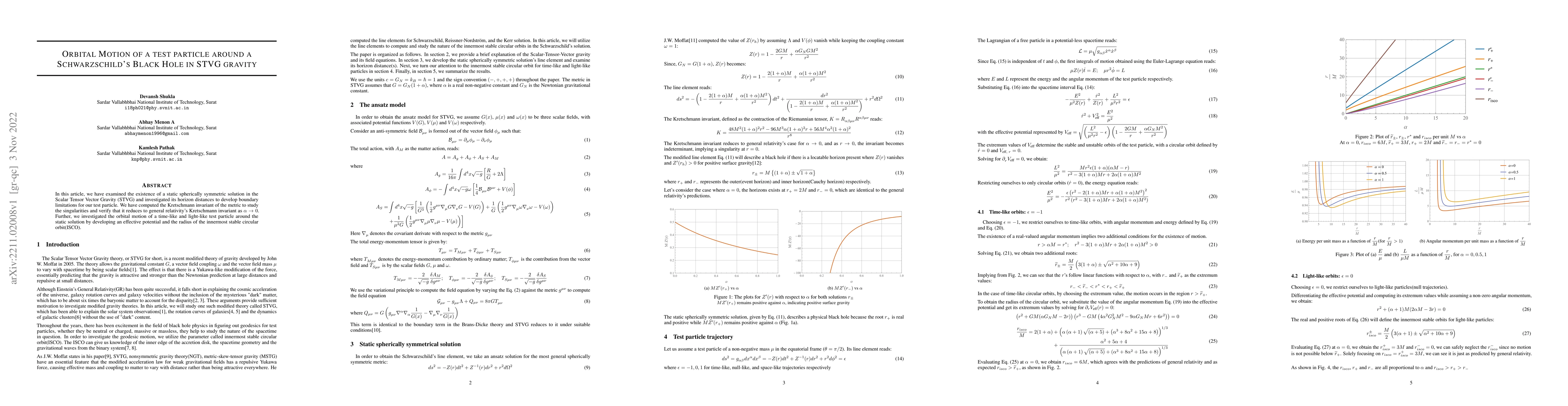 Thumbnail for Orbital Motion of a test particle around a Schwarzschild's Black Hole in
  STVG gravity