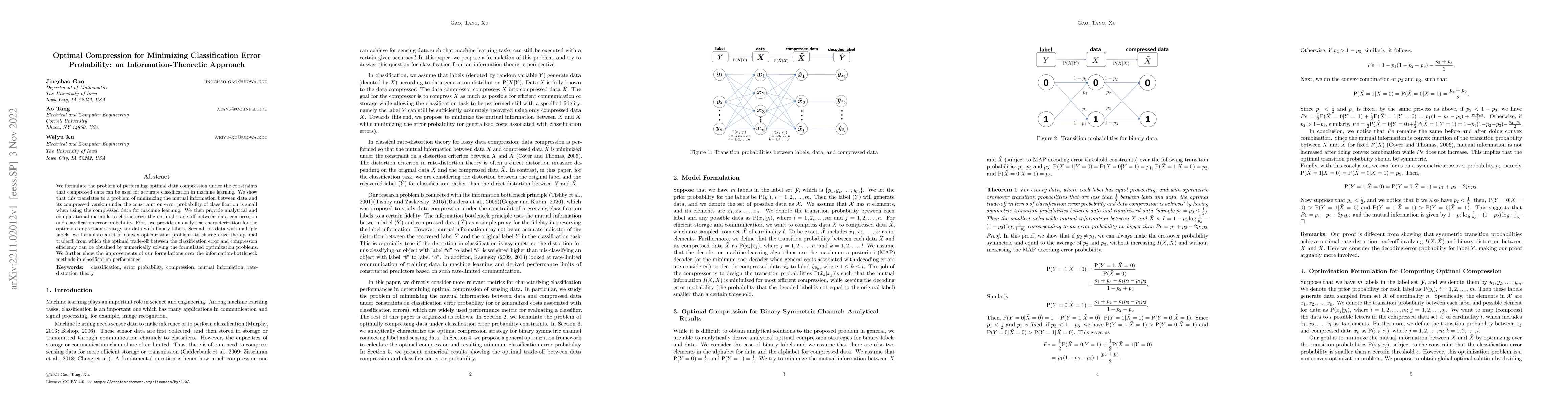 Thumbnail for Optimal Compression for Minimizing Classification Error Probability: an
  Information-Theoretic Approach