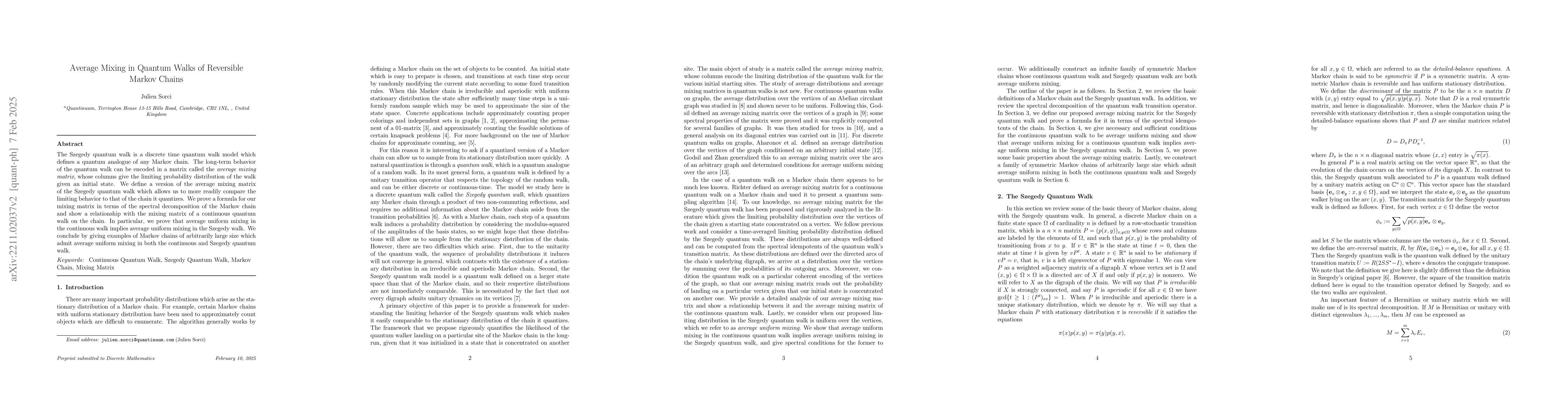 Thumbnail for Average Mixing in Quantum Walks of Reversible Markov Chains