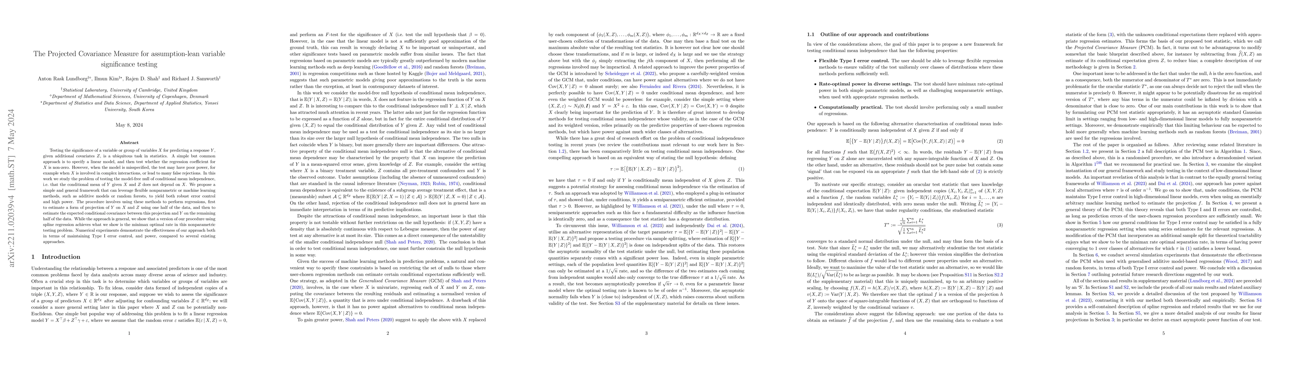 Thumbnail for The Projected Covariance Measure for assumption-lean variable
  significance testing