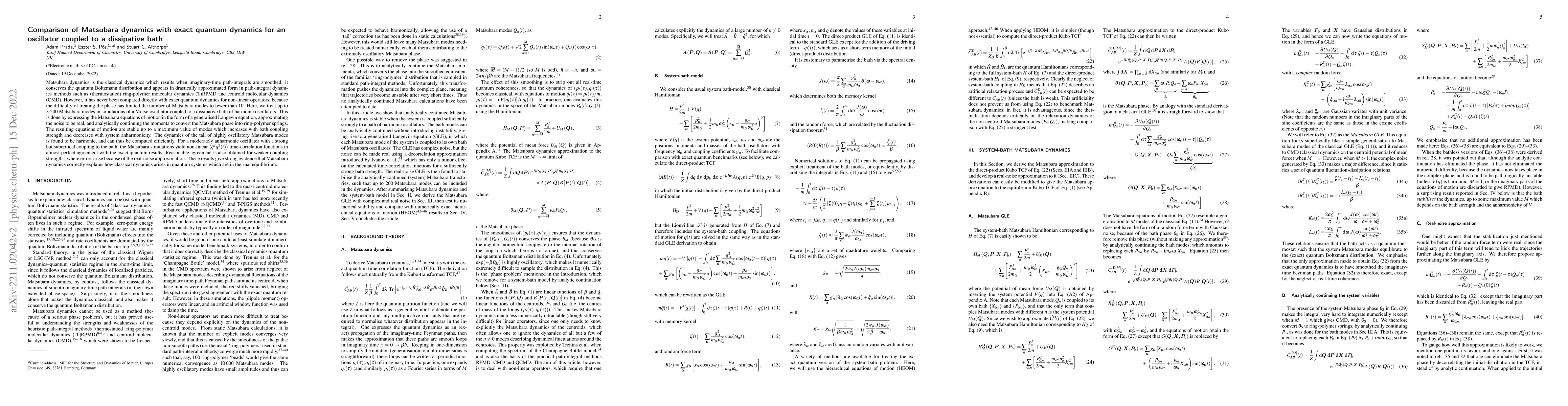 Thumbnail for Comparison of Matsubara dynamics with exact quantum dynamics for an
  oscillator coupled to a dissipative bath