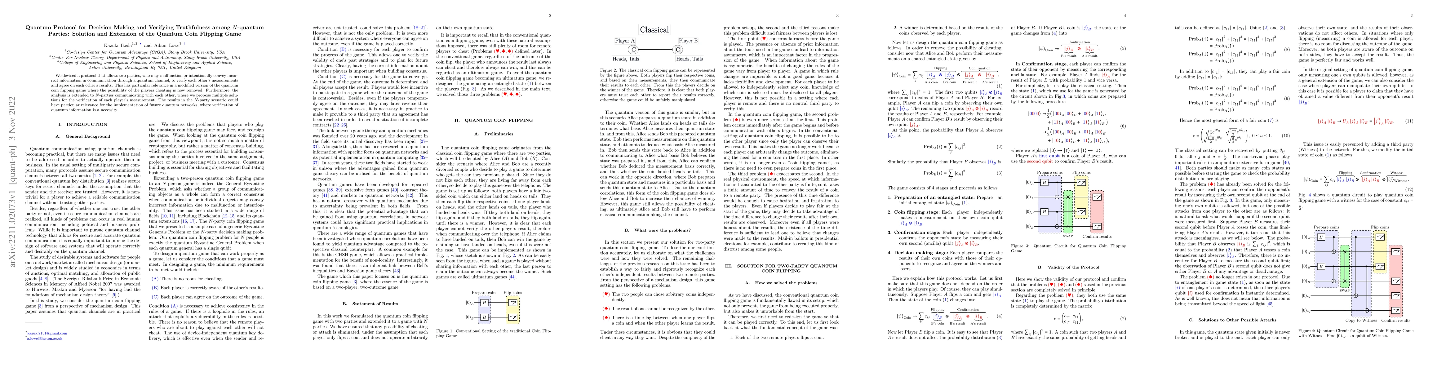 Thumbnail for Quantum Protocol for Decision Making and Verifying Truthfulness among
  $N$-quantum Parties: Solution and Extension of the Quantum Coin Flipping Game