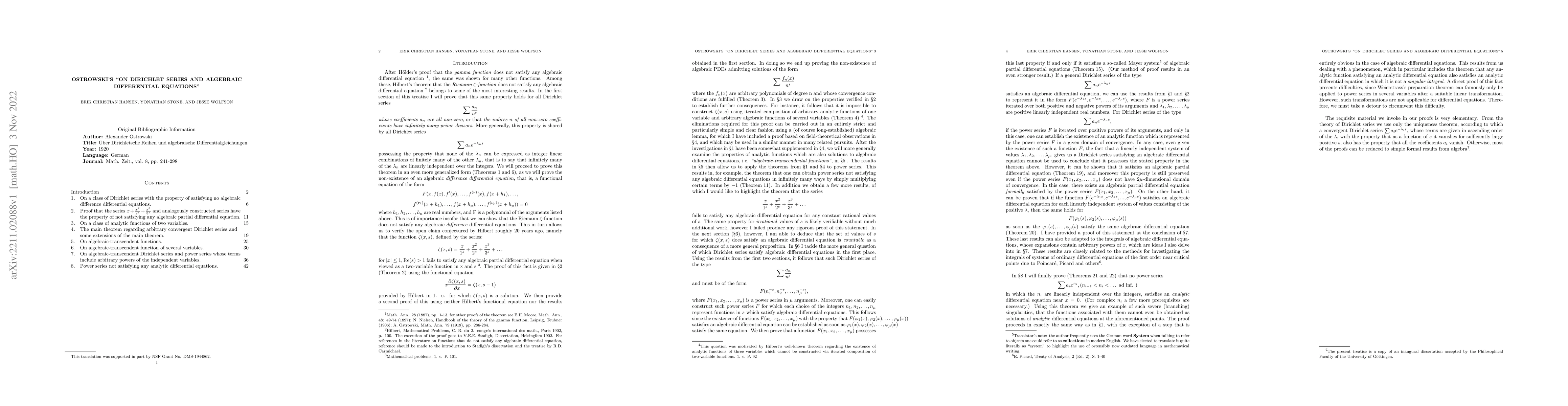 Thumbnail for Alexander Ostrowski's "On Dirichlet Series and Algebraic Differential
  Equations"