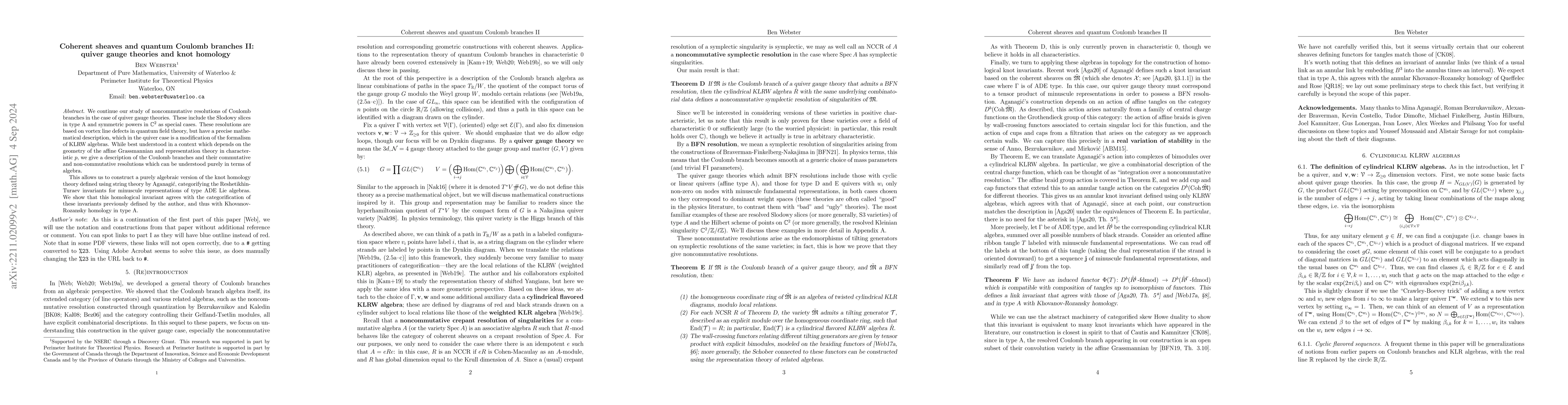 Thumbnail for Coherent sheaves and quantum Coulomb branches II: quiver gauge theories
  and knot homology