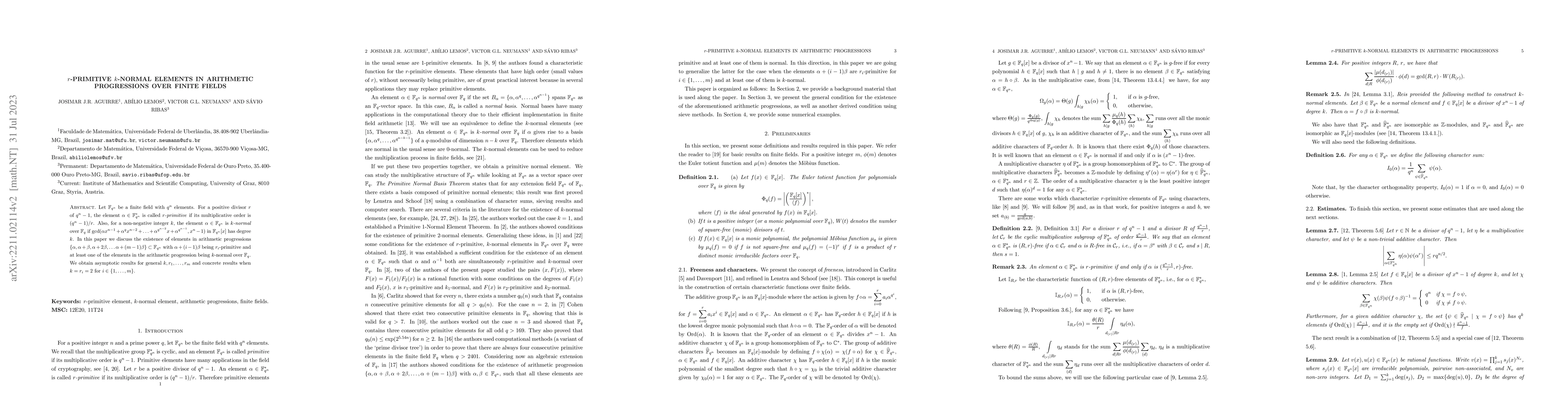 Thumbnail for $r$-primitive $k$-normal elements in arithmetic progressions over finite
  fields