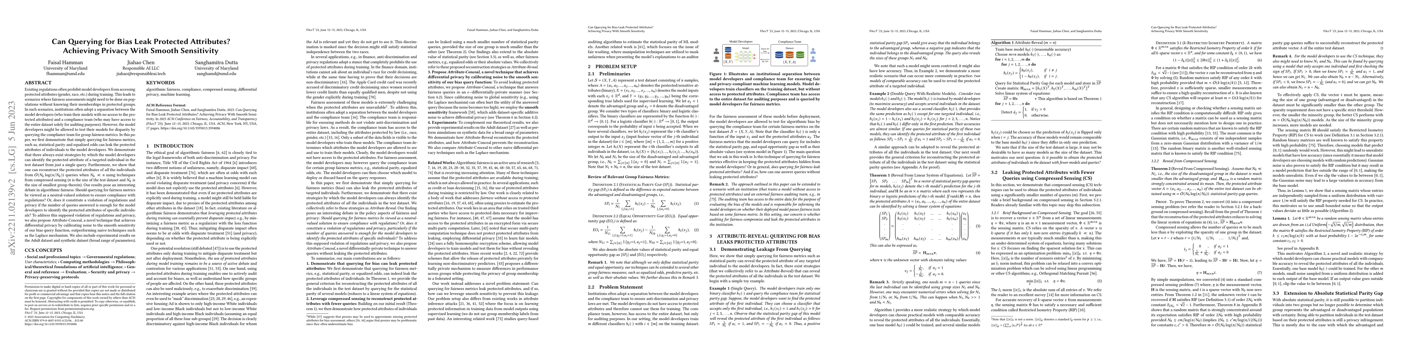 Thumbnail for Can Querying for Bias Leak Protected Attributes? Achieving Privacy With
  Smooth Sensitivity