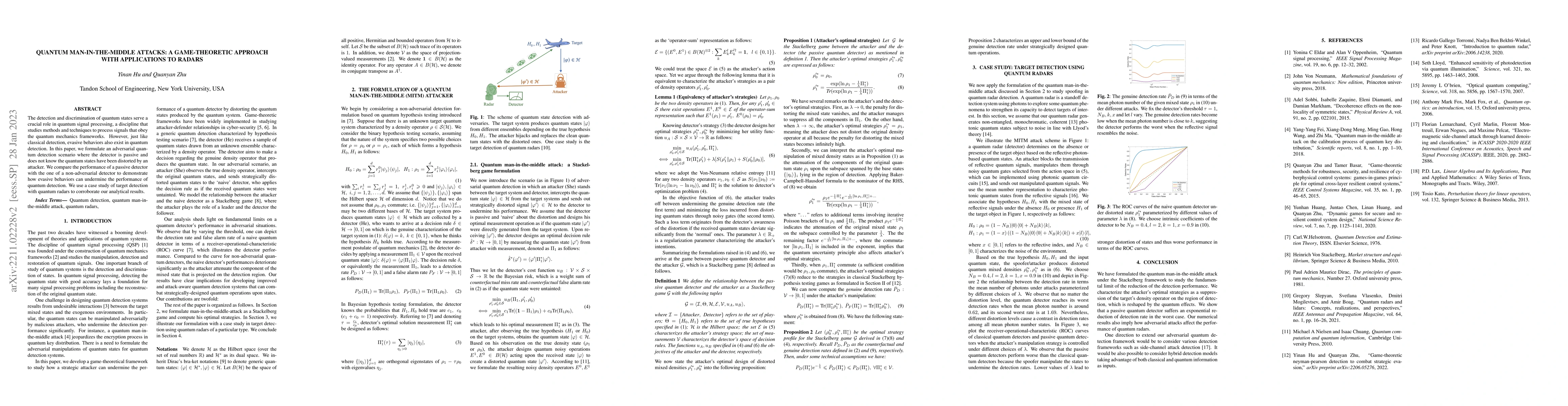 Thumbnail for Quantum Man-in-the-middle Attacks: a Game-theoretic Approach with
  Applications to Radars