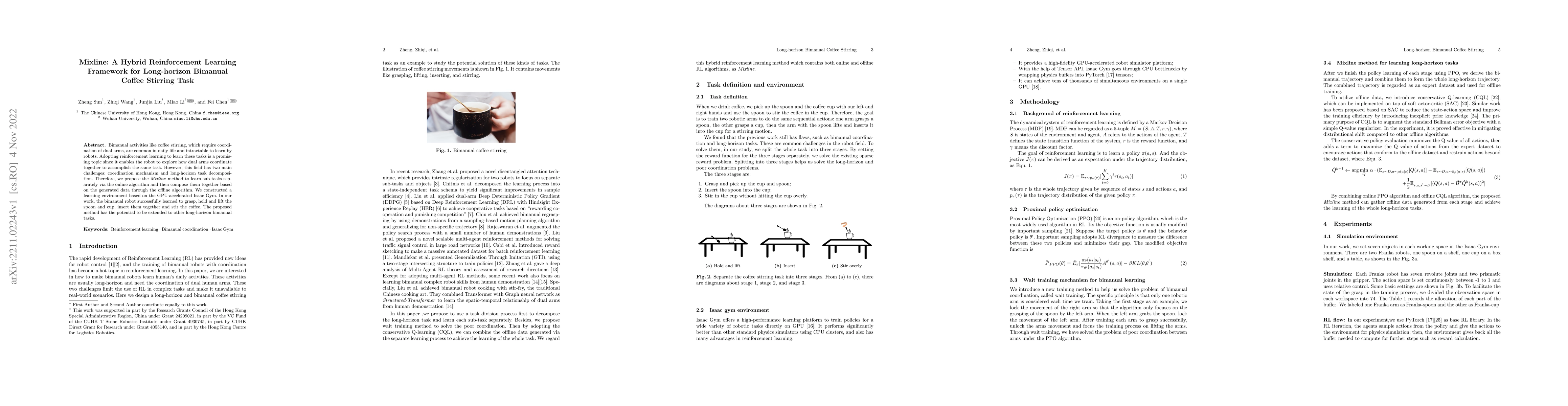 Thumbnail for Mixline: A Hybrid Reinforcement Learning Framework for Long-horizon
  Bimanual Coffee Stirring Task