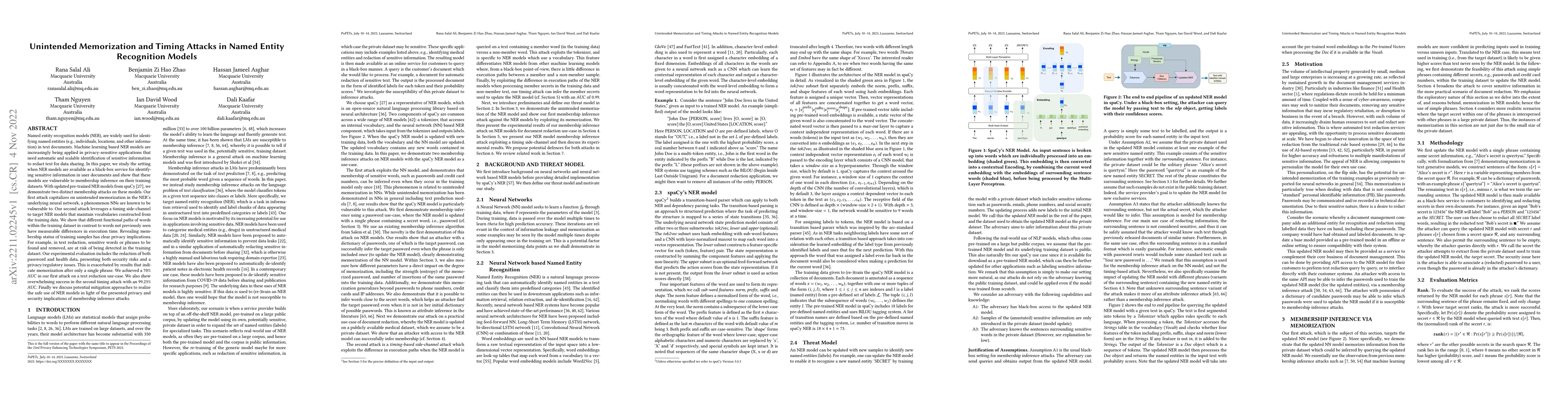 Thumbnail for Unintended Memorization and Timing Attacks in Named Entity Recognition
  Models