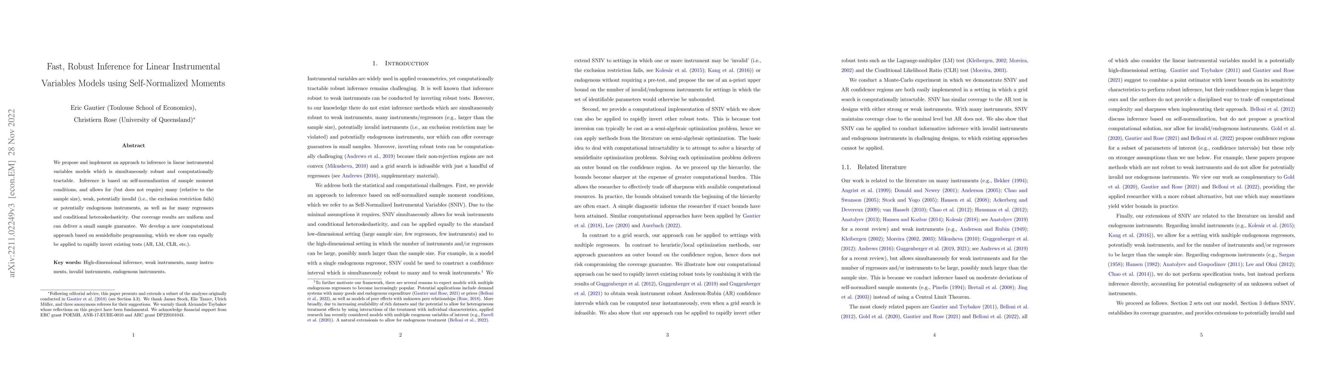 Thumbnail for Fast, Robust Inference for Linear Instrumental Variables Models using
  Self-Normalized Moments