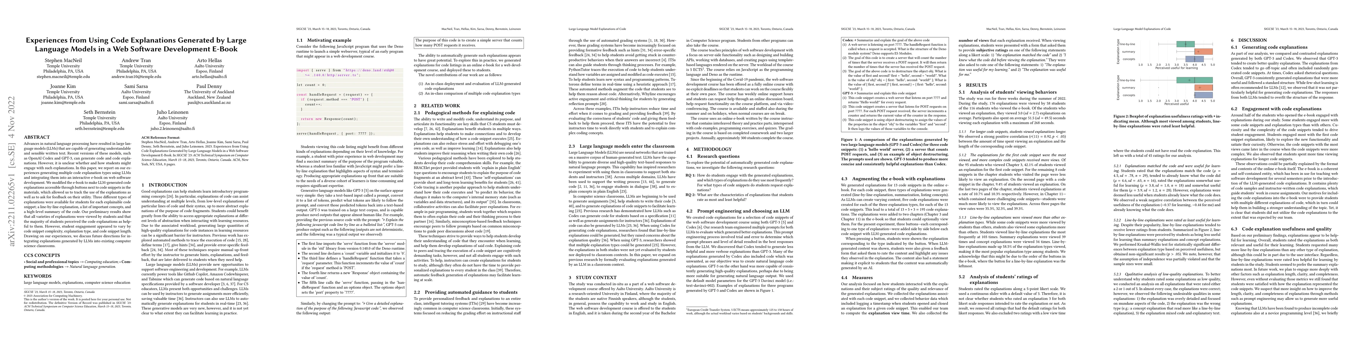 Thumbnail for Experiences from Using Code Explanations Generated by Large Language
  Models in a Web Software Development E-Book