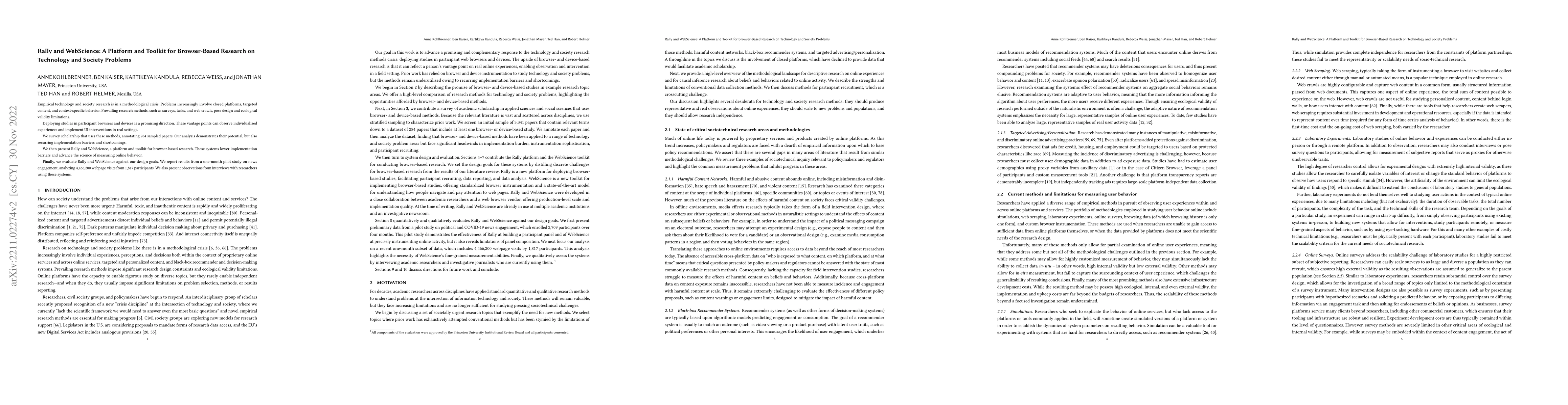 Thumbnail for Rally and WebScience: A Platform and Toolkit for Browser-Based Research
  on Technology and Society Problems