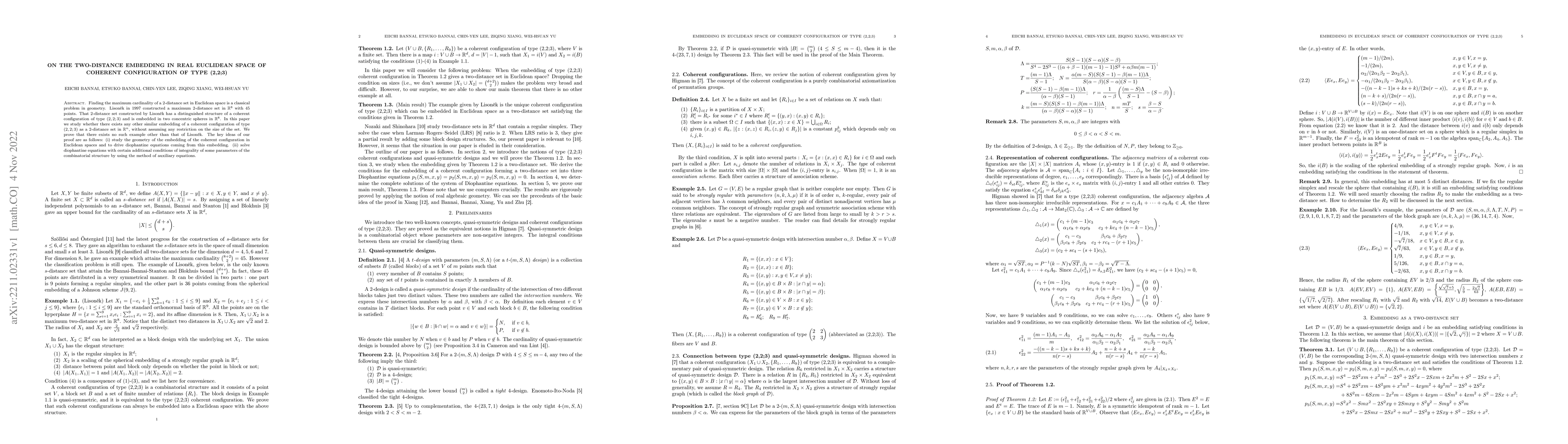Thumbnail for On the two-distance embedding in real Euclidean space of coherent
  configuration of type (2,2;3)