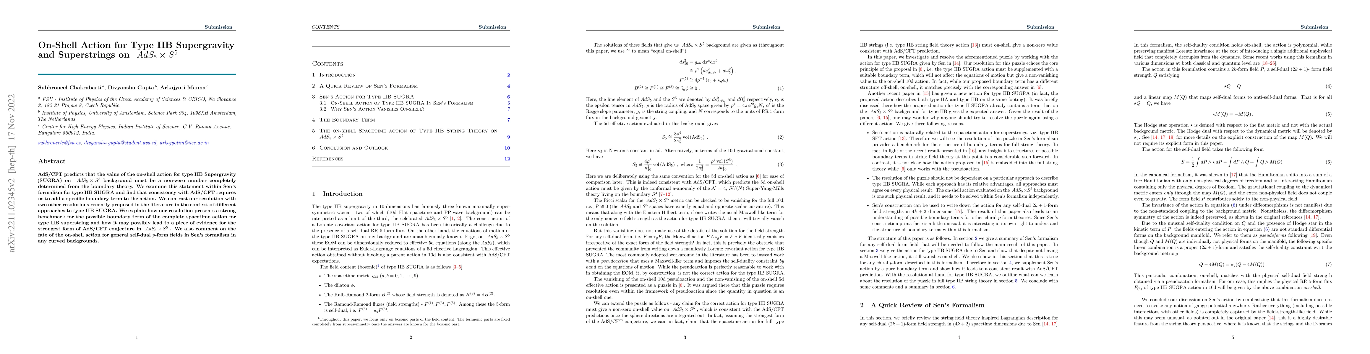 Thumbnail for On-Shell Action for Type IIB Supergravity and Superstrings on $AdS_5
  \times S^5$