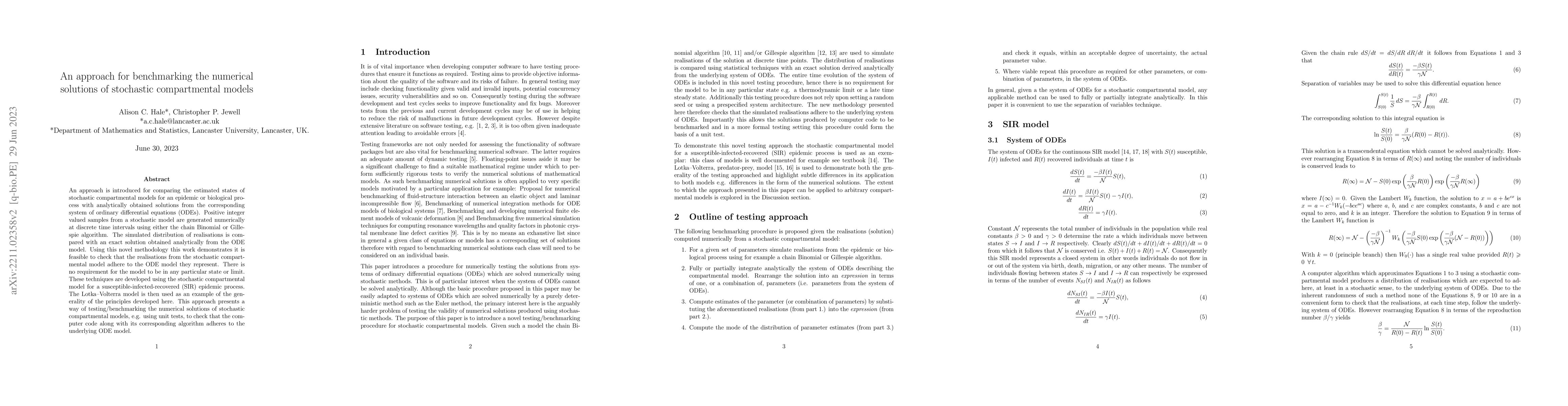 Thumbnail for An approach for benchmarking the numerical solutions of stochastic
  compartmental models