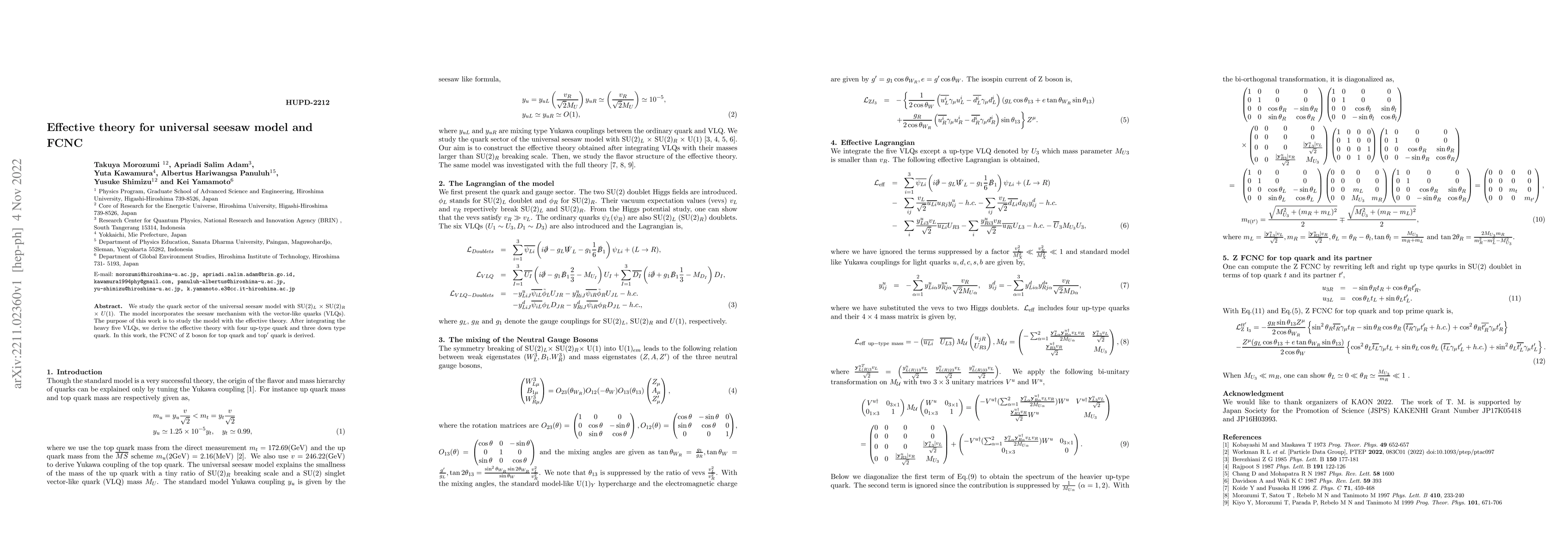 Thumbnail for Effective theory for universal seesaw model and FCNC