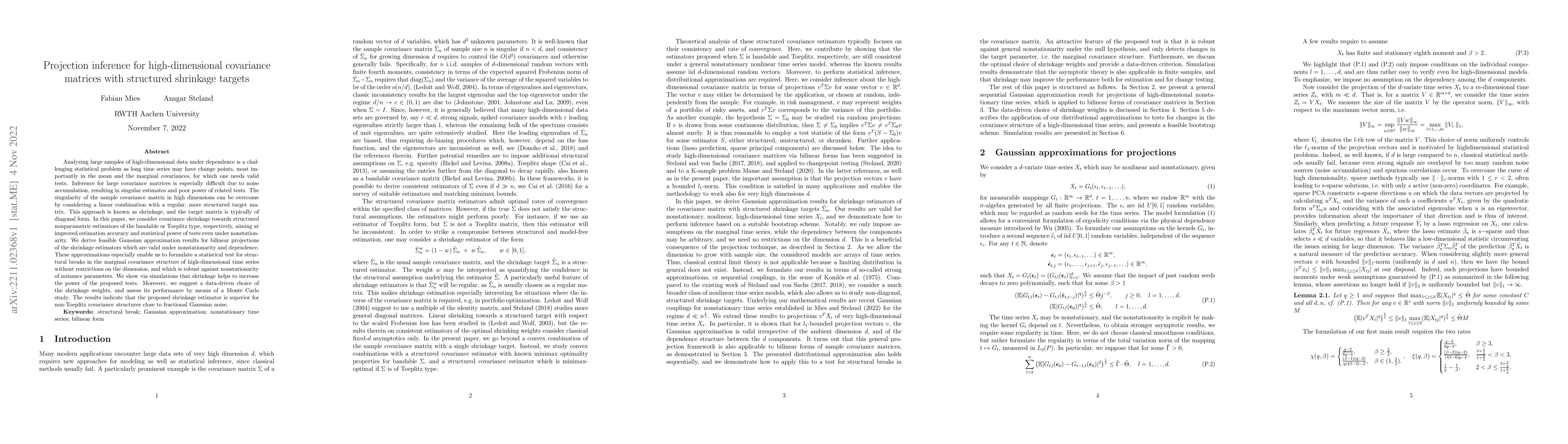 Thumbnail for Projection inference for high-dimensional covariance matrices with
  structured shrinkage targets