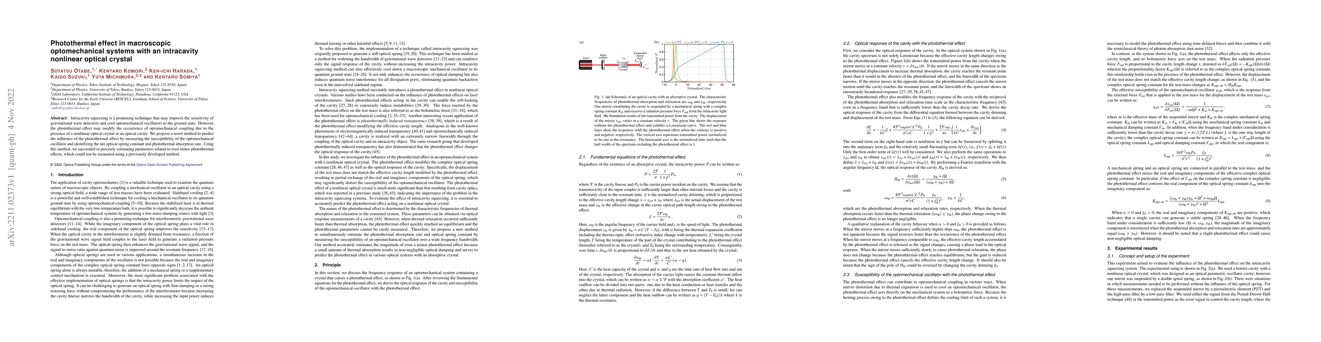 Thumbnail for Photothermal effect in macroscopic optomechanical systems with an
  intracavity nonlinear optical crystal