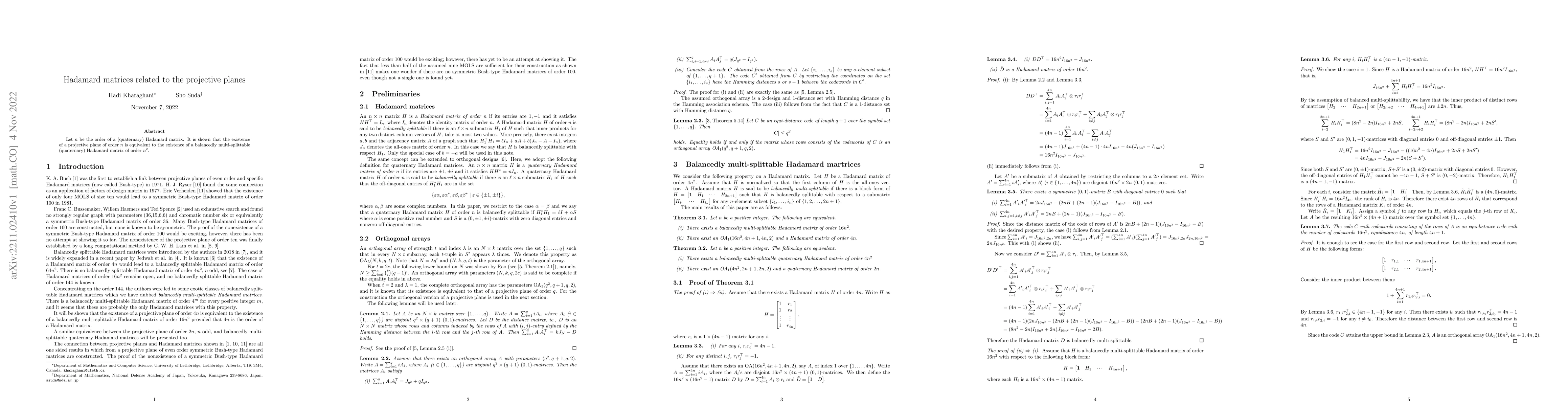 Thumbnail for Hadamard matrices related to the projective planes