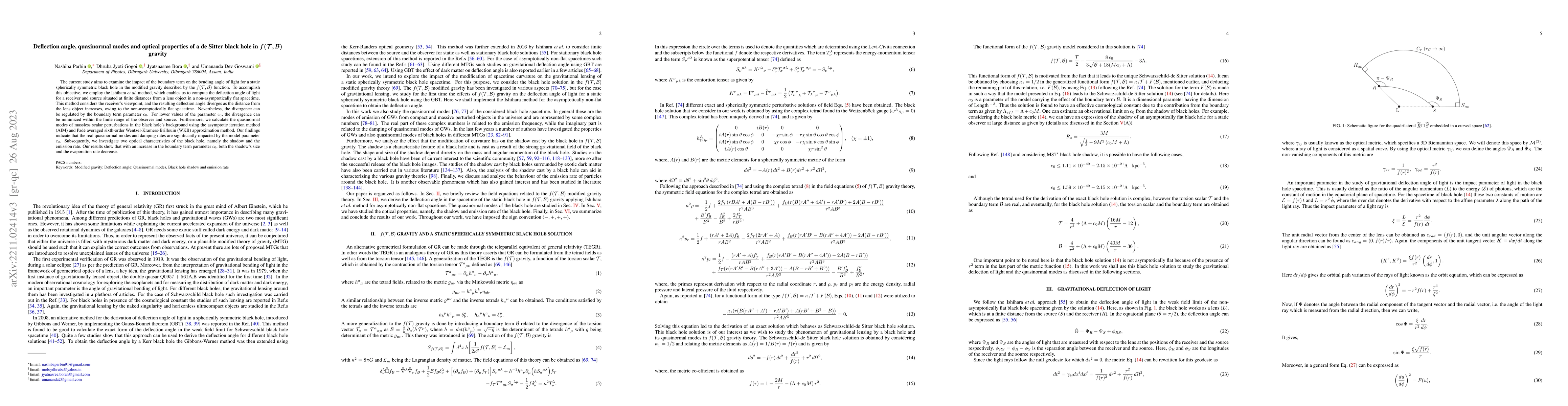 Thumbnail for Deflection angle, quasinormal modes and optical properties of a de
  Sitter black hole in $f(\mathcal{T}, \mathcal{B})$ gravity