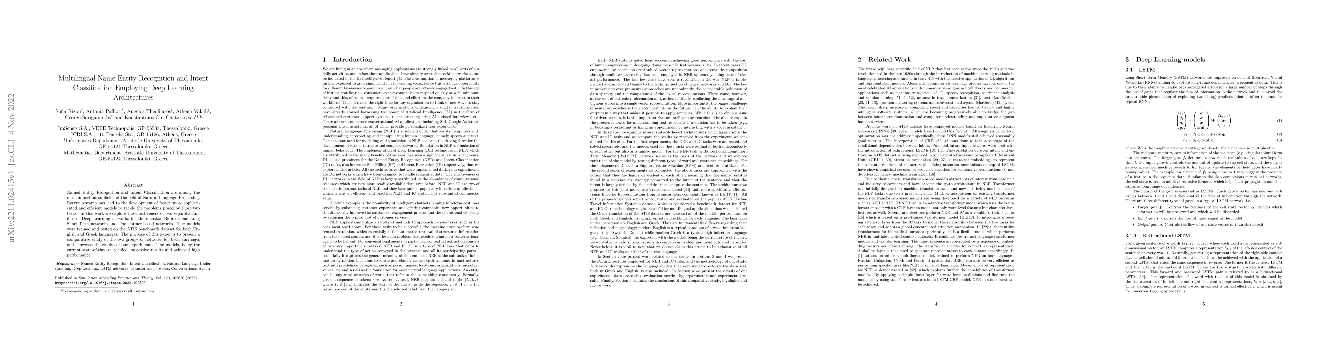 Thumbnail for Multilingual Name Entity Recognition and Intent Classification Employing
  Deep Learning Architectures